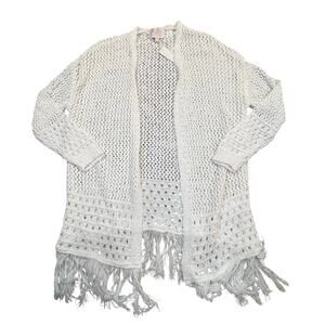 NEW Francesca’s Audrey Parks White‎ Open Knit Fringe Cardigan Boho XS